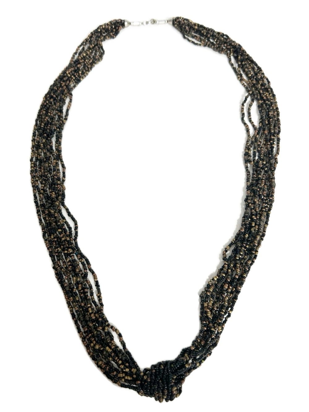 Multi-Strand Seed Bead Knotted Statement Necklace Black & Gold Tone Boho Earthy